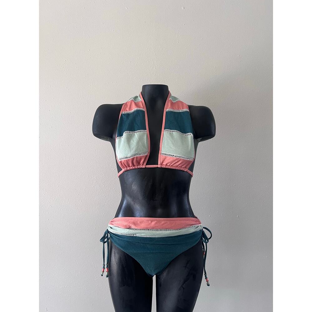 Colorblock Halter Bikini Set in Teal and Coral